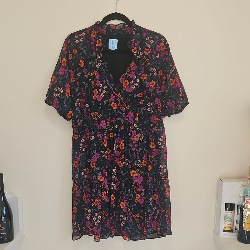 CECE BLACK FLORAL MIDI DRESS SLIP ON V-NECK EASY TO STYLE